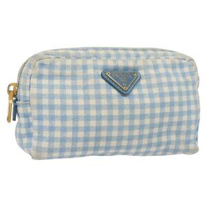 PRADA Pouch Canvas Light Blue Gold Auth 138852